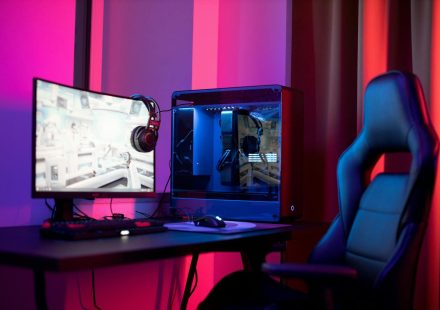 A sleek gaming setup featuring a high-end PC, widescreen monitor, and ergonomic chair lit by neon lights.